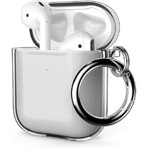 ULAK متوافق مع غطاء حافظة Airpods شفاف، غطاء واقٍ مصمم ناعم من البولي يوريثان الحراري الشفاف المقاوم للصدمات مع سلسلة مفاتيح لجهاز AirPod الجيل الثاني والأول [مرئي أمامي] - لامع