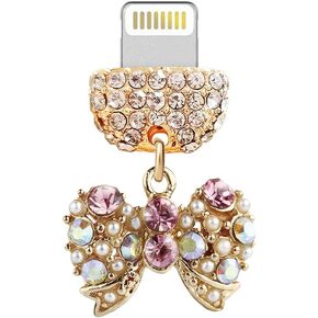 ELISE & FONDA CP397 USB Charging Port Crystal Anti Dust Plug Little Bow Phone Charm for iPhone 13/12/11/ XS MAX/XR/X/8 Plus/7/6S/8/SE iPad iPod (Pink) in Kuwait