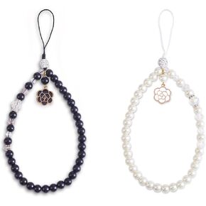 BEEFLYING 1-2 Pcs Glass Pearl Cell Lanyard Wrist Strap Crystal Glass Beads Rhinestone Beaded Phone Lanyard Strap with Rose Pendant for Case Keychain Wallet Decor in Kuwait