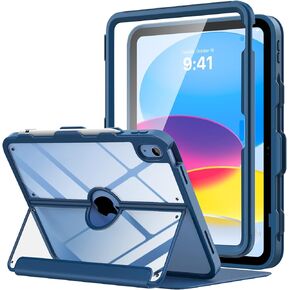 حافظة MoKo لجهاز iPad الجيل العاشر مع حامل أقلام، حافظة iPad الجيل العاشر 2022 10.9 بوصة، واقي شاشة مدمج شفاف خلفي، حامل عرض متعدد الزوايا مقاوم للبقع، تنبيه/غفو تلقائي، أزرق داكن in Kuwait
