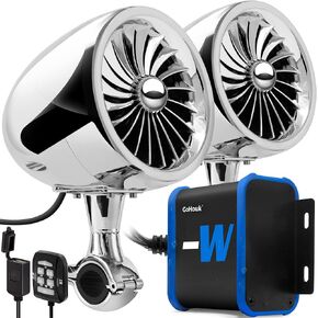 GoHawk TJ4-W Waterproof Amplifier 4" Full Range Bluetooth Motorcycle Stereo Speakers 1 to 1.25 in. Handlebar Mount Audio Amp System Harley Touring Cruiser ATV 4-Wheeler, USB, AUX, FM Radio