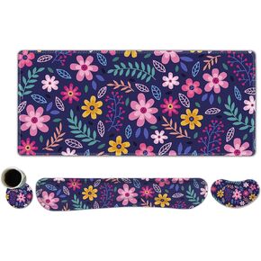 ToLuLu Extended Gaming Mouse Pad, Memory Foam Ergonomic Keyboard Mouse Wrist Rest Support Set, Large Desk Mat with Stitched Edges, Non-Slip Base Mousepad for Home Office Game, Colorful Flower