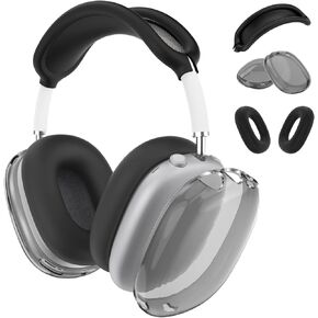 [3 in 1] for Airpods Max Case Cover, Clear Soft TPU Earcup Case Cover+Slicone Earpad Cover+Silicone Overhead Cover, Transparent Protective Case for Apple Airpods Max Accessories(Black)
