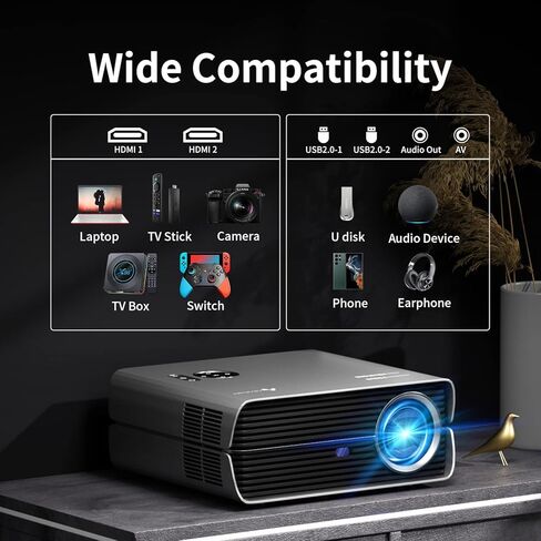 Projector with WiFi and Bluetooth, ASAKUKI Native 1080P 4K Support 450 ANSI Outdoor Movie Proyector, Indoor Home Theater w/ Portable Bag, Compatible w/ Sticks/Phone/iphone/Laptop in Kuwait