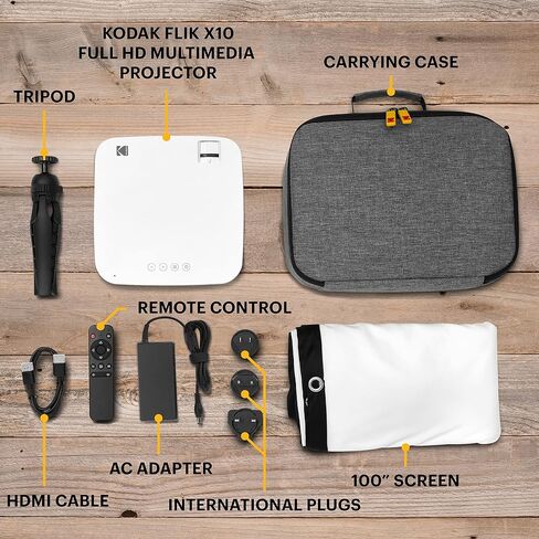 KODAK FLIK X10 Full HD Multimedia Projector | Mini Portable Compact Home Theater System with Remote Control, Native 1080p Video Projection & HDMI Cable | Watch Movies from iPhone, Laptop, Roku & More in Kuwait