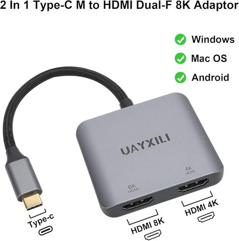 UAYXILI USB C إلى محول HDMI مزدوج 8K مقسم شاشات متعددة، MST HDMI HUB 8K، منفذ واحد 8K 30 هرتز أو 4K 60 هرتز، منافذ مزدوجة 4K 60 هرتز، محول مقسم HDMI مزدوج لأجهزة MacBook، Dell، LG، HP، Surface in Kuwait