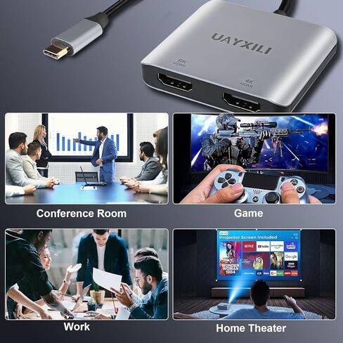 UAYXILI USB C إلى محول HDMI مزدوج 8K مقسم شاشات متعددة، MST HDMI HUB 8K، منفذ واحد 8K 30 هرتز أو 4K 60 هرتز، منافذ مزدوجة 4K 60 هرتز، محول مقسم HDMI مزدوج لأجهزة MacBook، Dell، LG، HP، Surface in Kuwait