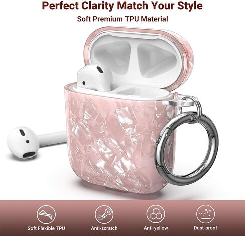 ULAK متوافق مع غطاء حافظة Airpods شفاف، غطاء واقٍ مصمم ناعم من البولي يوريثان الحراري الشفاف المقاوم للصدمات مع سلسلة مفاتيح لجهاز AirPod الجيل الثاني والأول [مرئي أمامي] - لامع in Kuwait