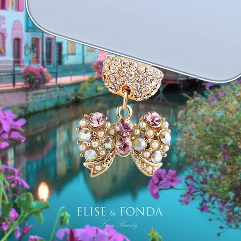 ELISE & FONDA CP397 منفذ شحن USB كريستال مضاد للغبار قابس صغير على شكل قوس للهاتف iPhone 13/12/11/ XS MAX/XR/X/8 Plus/7/6S/8/SE iPad iPod (وردي) in Saudi Arabia