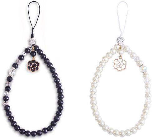 BEEFLYING 1-2 Pcs Glass Pearl Cell Lanyard Wrist Strap Crystal Glass Beads Rhinestone Beaded Phone Lanyard Strap with Rose Pendant for Case Keychain Wallet Decor in Kuwait