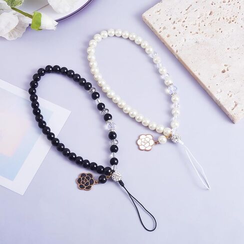 BEEFLYING 1-2 Pcs Glass Pearl Cell Lanyard Wrist Strap Crystal Glass Beads Rhinestone Beaded Phone Lanyard Strap with Rose Pendant for Case Keychain Wallet Decor in Kuwait