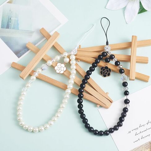 BEEFLYING 1-2 Pcs Glass Pearl Cell Lanyard Wrist Strap Crystal Glass Beads Rhinestone Beaded Phone Lanyard Strap with Rose Pendant for Case Keychain Wallet Decor in Kuwait