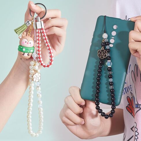BEEFLYING 1-2 Pcs Glass Pearl Cell Lanyard Wrist Strap Crystal Glass Beads Rhinestone Beaded Phone Lanyard Strap with Rose Pendant for Case Keychain Wallet Decor in Kuwait