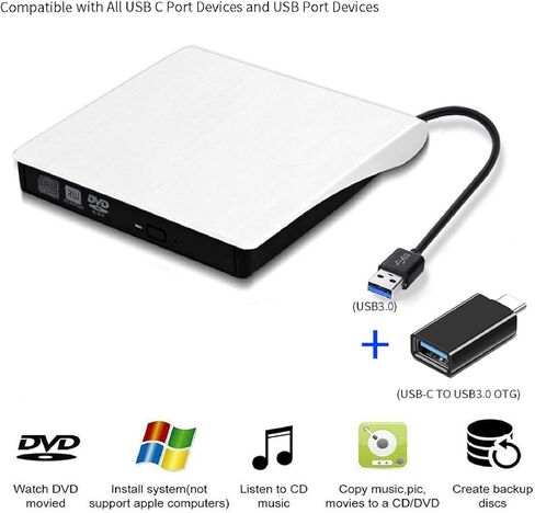 Portable Ultra-Thin External CD Drives DVD Player USB3.0/USB-C 2 in 1 External DVD Recorder CD-ROM Player for Windows iOS etc (Black [USB3.0 + USB-C Converter]) in Kuwait