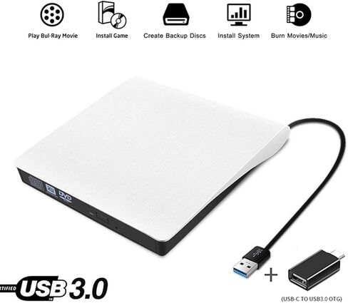 Portable Ultra-Thin External CD Drives DVD Player USB3.0/USB-C 2 in 1 External DVD Recorder CD-ROM Player for Windows iOS etc (Black [USB3.0 + USB-C Converter]) in Kuwait
