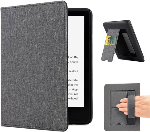 Stand Case for 6.8" Kindle Paperwhite 11th Generation 2021 and Signature Edition, Durable Cover with Auto Wake/Sleep, Shockproof PU Leather Sleeve Shell with Hand Strap & Card Slot, Grey in Kuwait