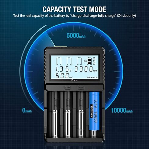 18650 Battery Charger with Testing Functions, POWXS Universal 3.7V Charger for Li-Ion Rechargeable Batteries IMR Lithium 26650 21700 18650 16340 14500 10440, Ni-Mh/Ni-Cd AA AAA C Batteries in Kuwait