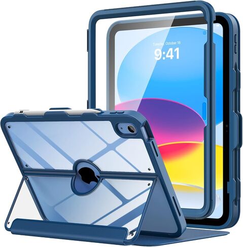 MoKo for iPad 10th Generation Case with Pencil Holder, iPad Case 10th Generation 2022 10.9", Built-in Screen Protector Clear Back, Stain Resistant Multi Angle Viewing Stand, Auto Wake/Sleep, Navy Blue in Kuwait