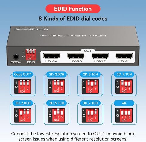 4k hdmi Splitter 1 in 4 Out with EDID Management for Exhibition Classroom Presentation Gaming 4 Way hdmi Splitter' 4 Port for Multiple Monitors tv Laptop Computers Support 4K30hz 2K 3D 1080p HDCP in Kuwait