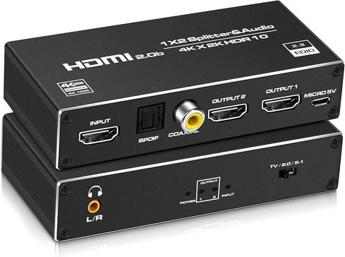 موزع الصوت اتش دي ام اي من نيوكير، 4k@60Hz 1 في 2 مخرج مع وصلة توسل بصرية SPDIF + محوري + 3.5 مم صوت للشاشات المزدوجة أو المرآة فقط، يعمل على تبخير التحسين التلقائي HDCP2.3، HDMI2.0b in Kuwait