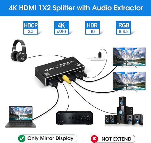 موزع الصوت اتش دي ام اي من نيوكير، 4k@60Hz 1 في 2 مخرج مع وصلة توسل بصرية SPDIF + محوري + 3.5 مم صوت للشاشات المزدوجة أو المرآة فقط، يعمل على تبخير التحسين التلقائي HDCP2.3، HDMI2.0b in Kuwait