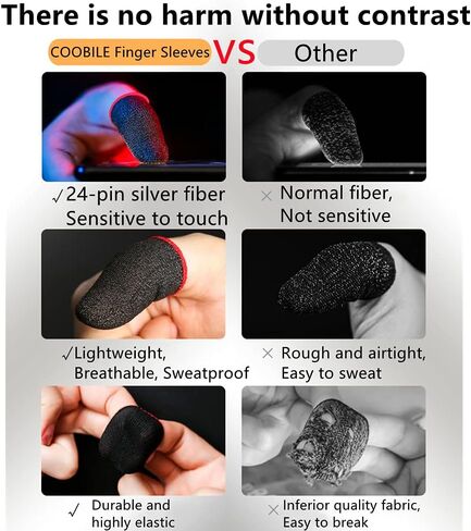 Phone Gaming Finger Sleeves （6 Pack） Silver Fiber More Sensitive Anti-Sweat Breathable ，for League of Legend, Rules of Survival,PUBG (Black) in Kuwait