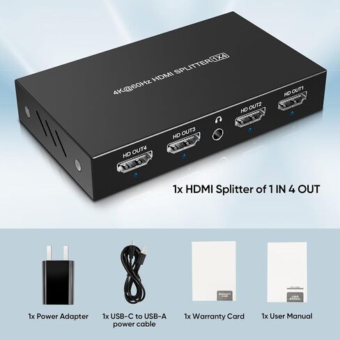 مقسم HDMI 1 في 4 مخرج، 1 × 4 مقسم HDMI للطاقة 4 منافذ مع محول تيار متردد، 4Kx2K@60 هرتز، موزع ثلاثي الأبعاد عالي الدقة بالكامل in Kuwait