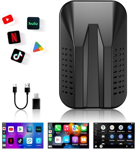 محول CarPlay اللاسلكي مع Netflix YouTube Google Play، محول Android Auto اللاسلكي لسيارات CarPlay السلكية في المصنع، صندوق CarPlay Ai، واي فاي 5 جيجا هرتز، بطاقة TF، النسخ المتطابق، لهاتف iPhone/Android in Kuwait