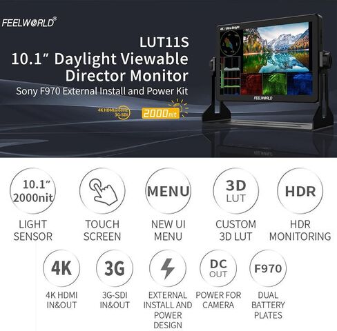 FEELWORLD LUT11 10.1 بوصة 2000nit شاشة لمس فائقة السطوع DSLR كاميرا مراقبة ميدانية مع 3D Lut Waveform Vectorscope مستشعر ضوء تلقائي HD 1920x1200 4K HDMI مدخل ومخرج F970 طاقة خارجية in Kuwait