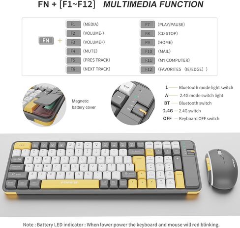 FOPETT ماوس ولوحة مفاتيح بلوتوث لاسلكية مع جهاز استقبال USB - الوضع المزدوج - BT1 + 2.4G - تصميم مدمج بالحجم الكامل لأجهزة IBM أو أجهزة الكمبيوتر الشخصية المتوافقة/Android مع نظام التشغيل Windows - رمادي ملون in Kuwait