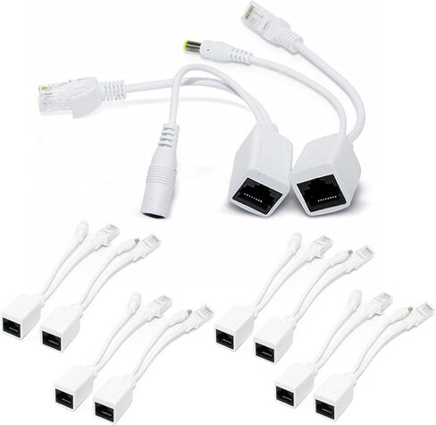 BeElion 5-Pair/10pcs White Passive PoE Injector and Splitter Kits with 5.5x2.1mm DC Connector RJ45 Power Over Ethernet for CCTV Surveillance Camera System in Kuwait