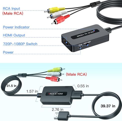 Male RCA to HDMI Cable Converter, CVBS Composite AV to HDMI Converter, Full HD 720P/ 1080P Output Switch for DVD, STB, R-o-k-u with Female RCA Output in Saudi Arabia