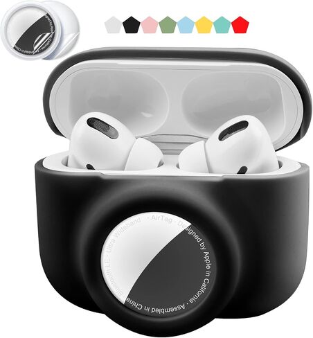 2 in 1 Protective Skin Case Compatible for Airpods Pro and Airtag Case Combo Set, Silicone GPS Tracker Cover Holder, Soft Shock-Proof Anti-Scratch Anti-Lost(Black) in Kuwait