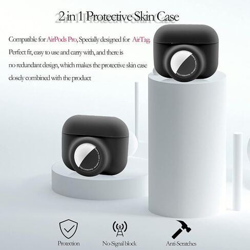 2 in 1 Protective Skin Case Compatible for Airpods Pro and Airtag Case Combo Set, Silicone GPS Tracker Cover Holder, Soft Shock-Proof Anti-Scratch Anti-Lost(Black) in Kuwait