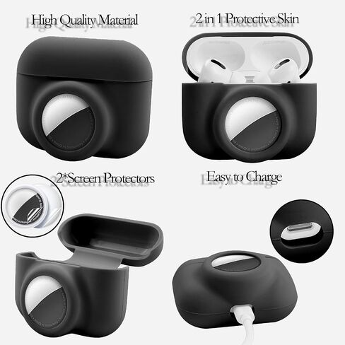2 in 1 Protective Skin Case Compatible for Airpods Pro and Airtag Case Combo Set, Silicone GPS Tracker Cover Holder, Soft Shock-Proof Anti-Scratch Anti-Lost(Black) in Kuwait