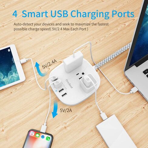 Power Strip 2 Pack, Cruise Essentials Desktop Charging Station with 3 Outlet 4 USB Ports 4.5A, Flat Plug, 5 ft Long Braided Extension Cord for Cruise Ship Travel Home Office, ETL Listed, White in Kuwait