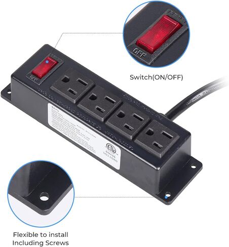 Wall Mount Power Outlet Strip, 4 Outlet Mountable Power Strip with Switch, 3ft Cord Under Desk Power Strip for Office/Industrial/Home, Flat Plug, Black in Kuwait