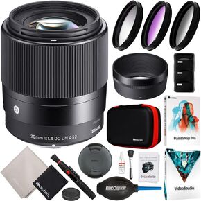 Sigma 30mm F1.4 DC DN Contemporary Lens for Sony E-Mount Mirrorless Cameras 302965 Bundle w/Deco Gear Photography Accessory Kit + 52mm UV Polarizer FLD Filter Set + Photo Video Editing Software in Saudi Arabia