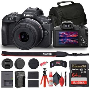 Canon EOS R100 Mirrorless Camera with 18-45mm Lens (6052C012) + Bag + 64GB Card + LPE17 Battery + Charger + Card Reader + Flex Tripod + Cleaning Kit + Memory Wallet (Renewed)