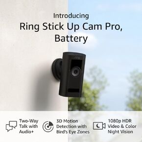 نقدم لكم بطارية Ring Stick Up Cam Pro | التحدث في اتجاهين مع الصوت+، واكتشاف الحركة ثلاثية الأبعاد مع مناطق عين الطائر، وفيديو HDR بدقة 1080 بكسل ورؤية ليلية ملونة (إصدار 2023)، أسود in Kuwait