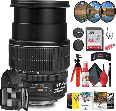 Canon EF-S 15-85mm f/3.5-5.6 is USM Lens with 64GB Extreme Pro Card + Corel Photo Software + Flexible Tripod + Filter kit + Card Wallet + Backpack + Cleaning Kit + Card Reader + Cap Keeper (Renewed) in Saudi Arabia