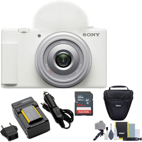 Sony ZV-1F Vlog Camera for Content Creators and Vloggers (White) Bundle with Holster Camera Case and Accessory Bundle, Photo Video Art Suite, 64GB Memory Card and Lithium-Ion Battery Pack (5 Items) in Saudi Arabia