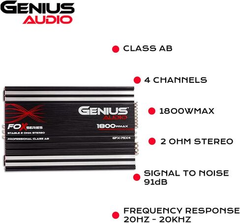 مضخم صوت Genius Audio GFX-75X4 كامل النطاق للسيارة متعدد القنوات 1800 واط بحد أقصى فئة AB 2 أوم ثابت مع نظام حماية الطاقة لتعزيز أداء مكبر الصوت ومكبر الصوت in Kuwait
