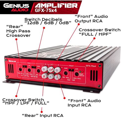 مضخم صوت Genius Audio GFX-75X4 كامل النطاق للسيارة متعدد القنوات 1800 واط بحد أقصى فئة AB 2 أوم ثابت مع نظام حماية الطاقة لتعزيز أداء مكبر الصوت ومكبر الصوت in Kuwait