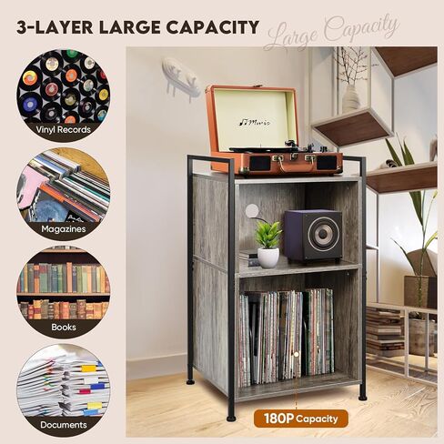 BOEASTER Record Player Stand, 3-Tier Turntable Stand with Vinyl Record Storage Holds 160 Albums, Record Player Table with Record Storage Shelf for Living Room Bedroom, Brown in Kuwait