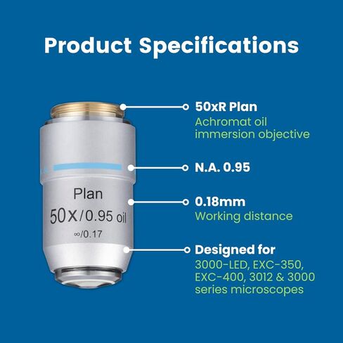 هدف المجهر، 50xR Oil Infinity Plan Achromat - N. A. مسافة عمل 0.95-0.18 مم - تناسب سلسلة مجهر Accu-Scope 3000-LED، EXC-350، EXC-400، 3012، 3000 in Kuwait