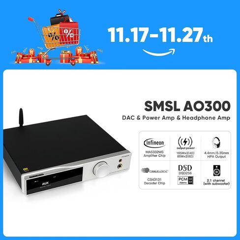SMSL AO300 MA5332MS Class D Power Amplifier CS43131 165W x 165W DAC Headphone Amp, USB/Coax/Opt/HDMI ARC/RCA Input 2.1 Channel Speaker/Subwoofer 4.4mm/6.35mm Headphone Output, MQA-CD DAC Amp(Black) in Kuwait