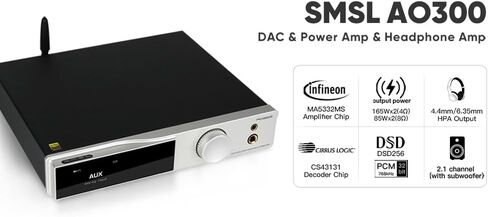 SMSL AO300 MA5332MS Class D Power Amplifier CS43131 165W x 165W DAC Headphone Amp, USB/Coax/Opt/HDMI ARC/RCA Input 2.1 Channel Speaker/Subwoofer 4.4mm/6.35mm Headphone Output, MQA-CD DAC Amp(Black) in Kuwait