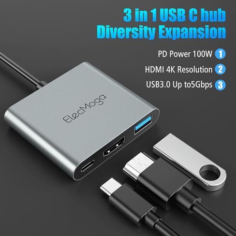 محول USB C إلى HDMI 4K، ElecMoga USB C HUB مع USB 3.0 + USB C منفذ شحن محول رقمي USB C Hub متوافق مع MacBook Pro وChromebook وHP وSamsung S20/23 More-Silver in Kuwait