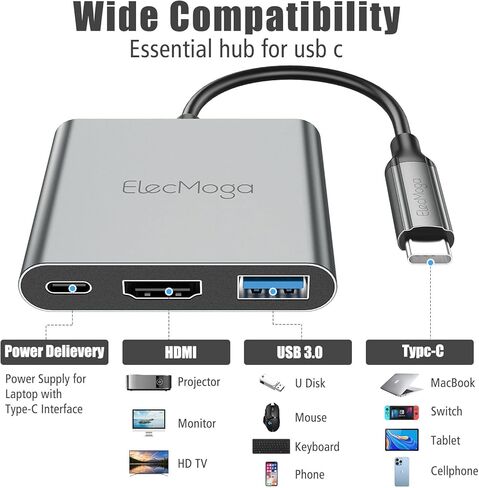 محول USB C إلى HDMI 4K، ElecMoga USB C HUB مع USB 3.0 + USB C منفذ شحن محول رقمي USB C Hub متوافق مع MacBook Pro وChromebook وHP وSamsung S20/23 More-Silver in Kuwait
